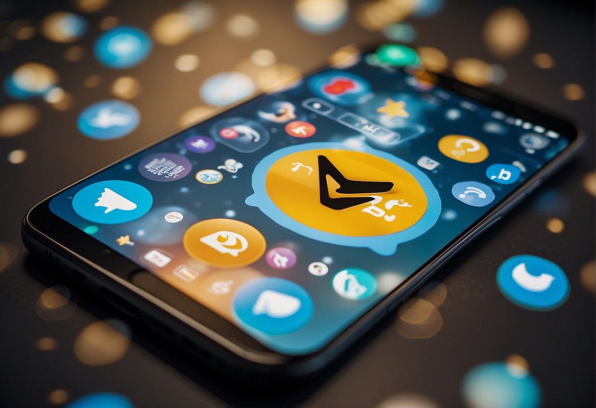 A smartphone displaying the Telegram app with a chat interface, a group chat, and a channel, surrounded by speech bubbles and emojis