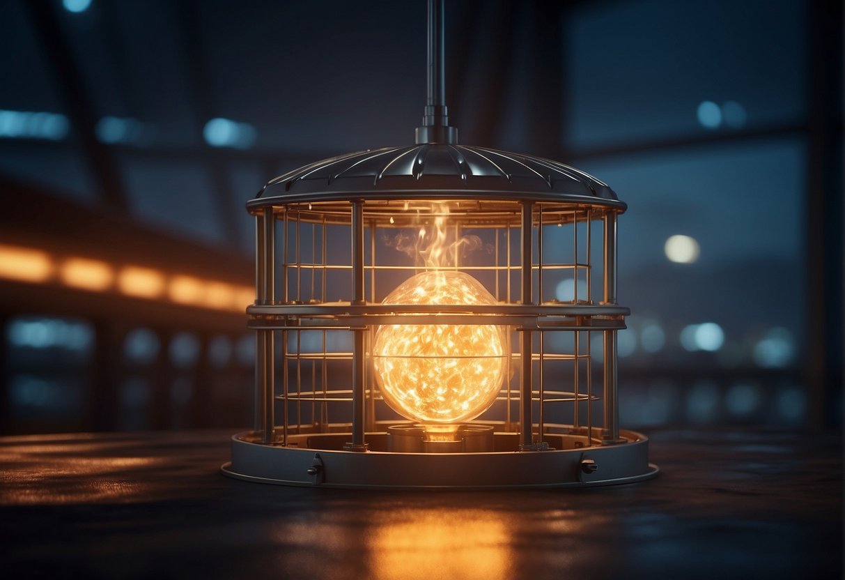 A glowing Solana blockchain hovers over an incinerator, emitting waves of energy and data. The incinerator roars with power, symbolizing the network's ability to process and burn through transactions