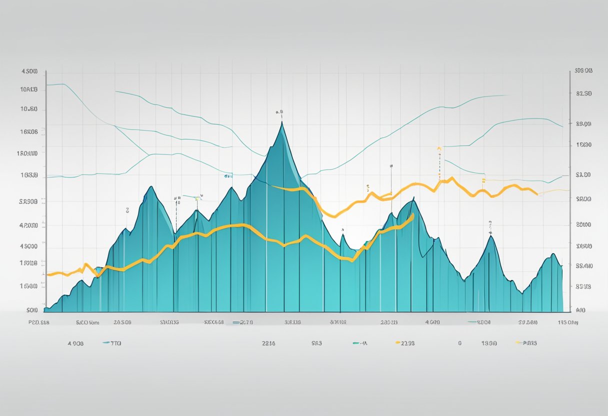 A graph showing the fluctuating value of Bitcoin over time, with peaks and troughs representing the halving cycles. A clear trend of diminishing returns with each cycle