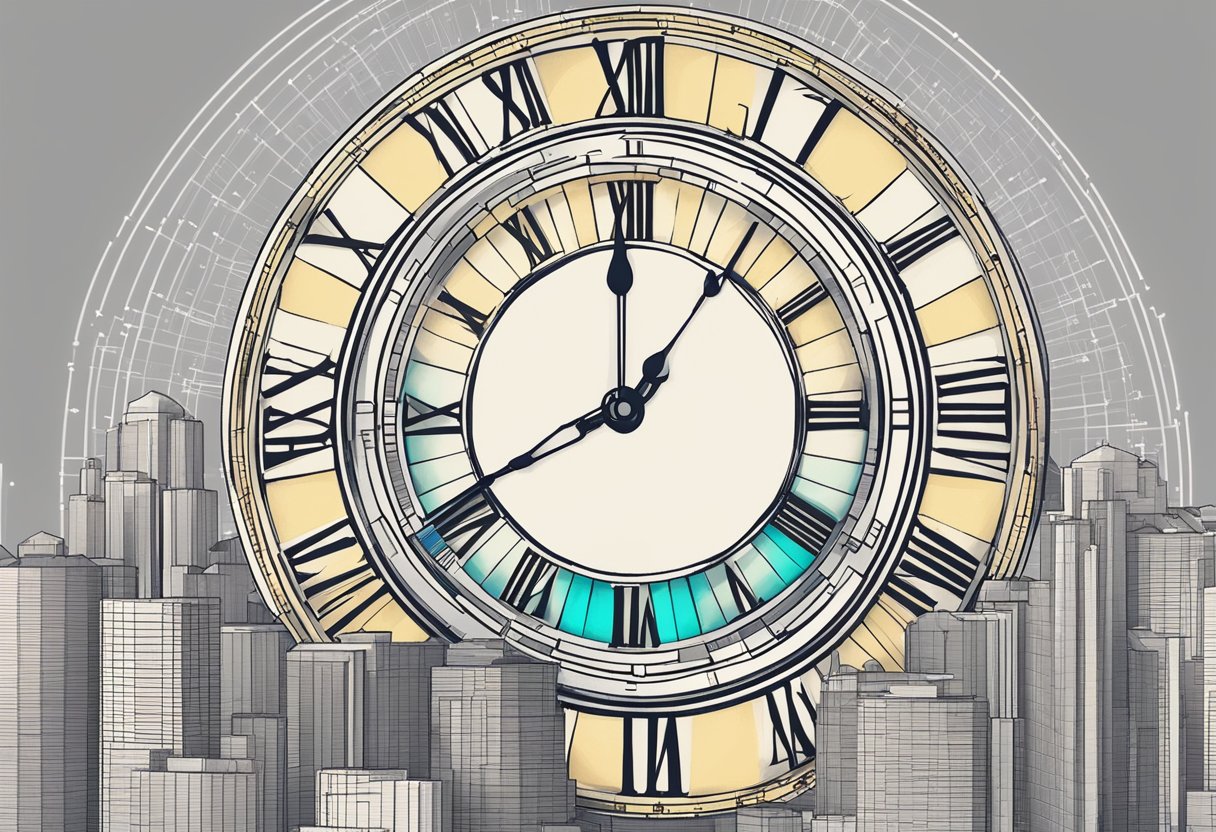 A digital clock with the Bitcoin logo in the background, showing the countdown to the next halving event. Graphs and charts surrounding it, depicting the historical halving cycles