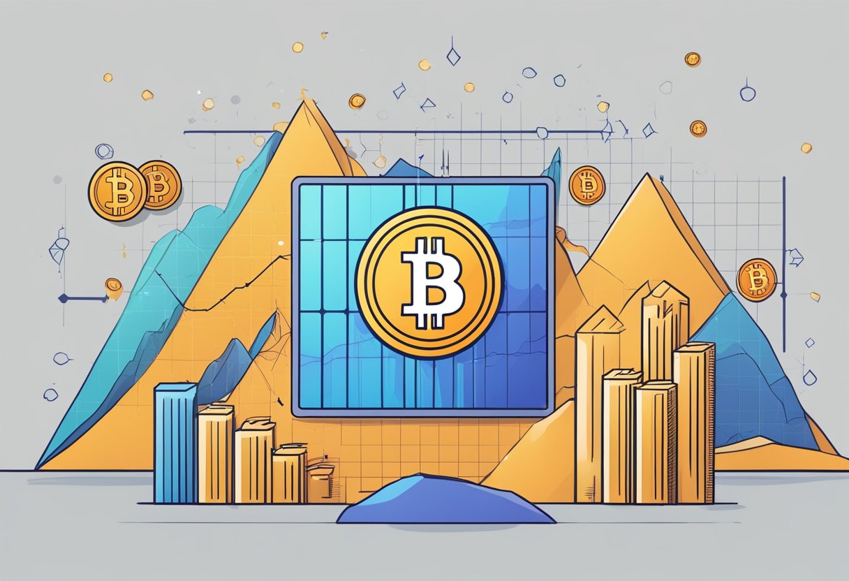 Bitcoin halving event shown with a rising graph, surrounded by altcoin symbols reacting with fluctuating prices