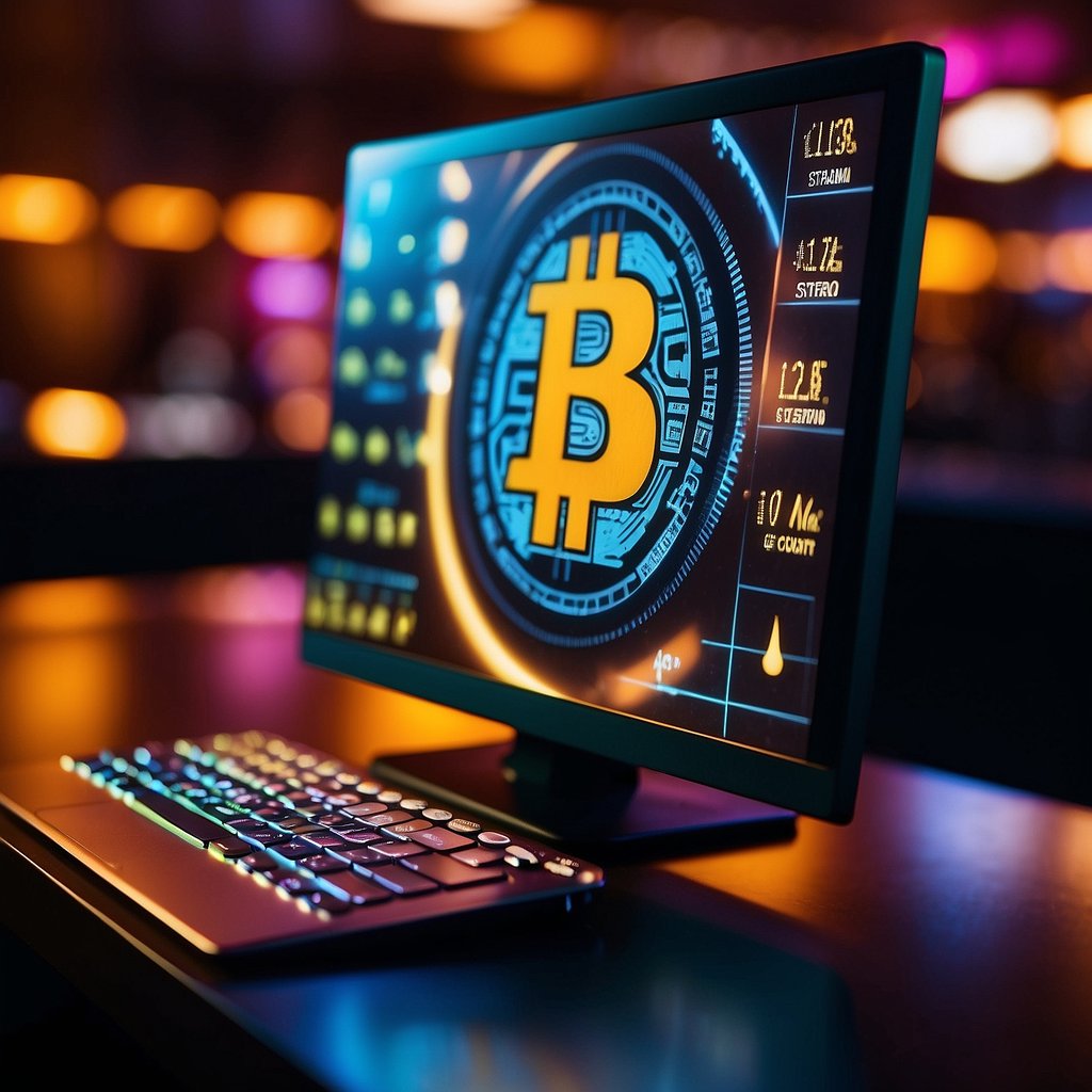 A computer screen displaying a secure Bitcoin casino stream with digital currency symbols and secure lock icons