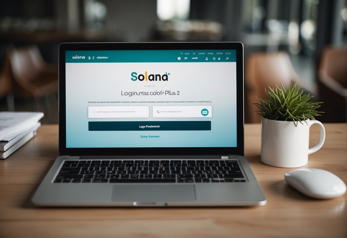A computer screen displaying the Solana Dataplus login page with the logo, username and password fields, and a "login" button