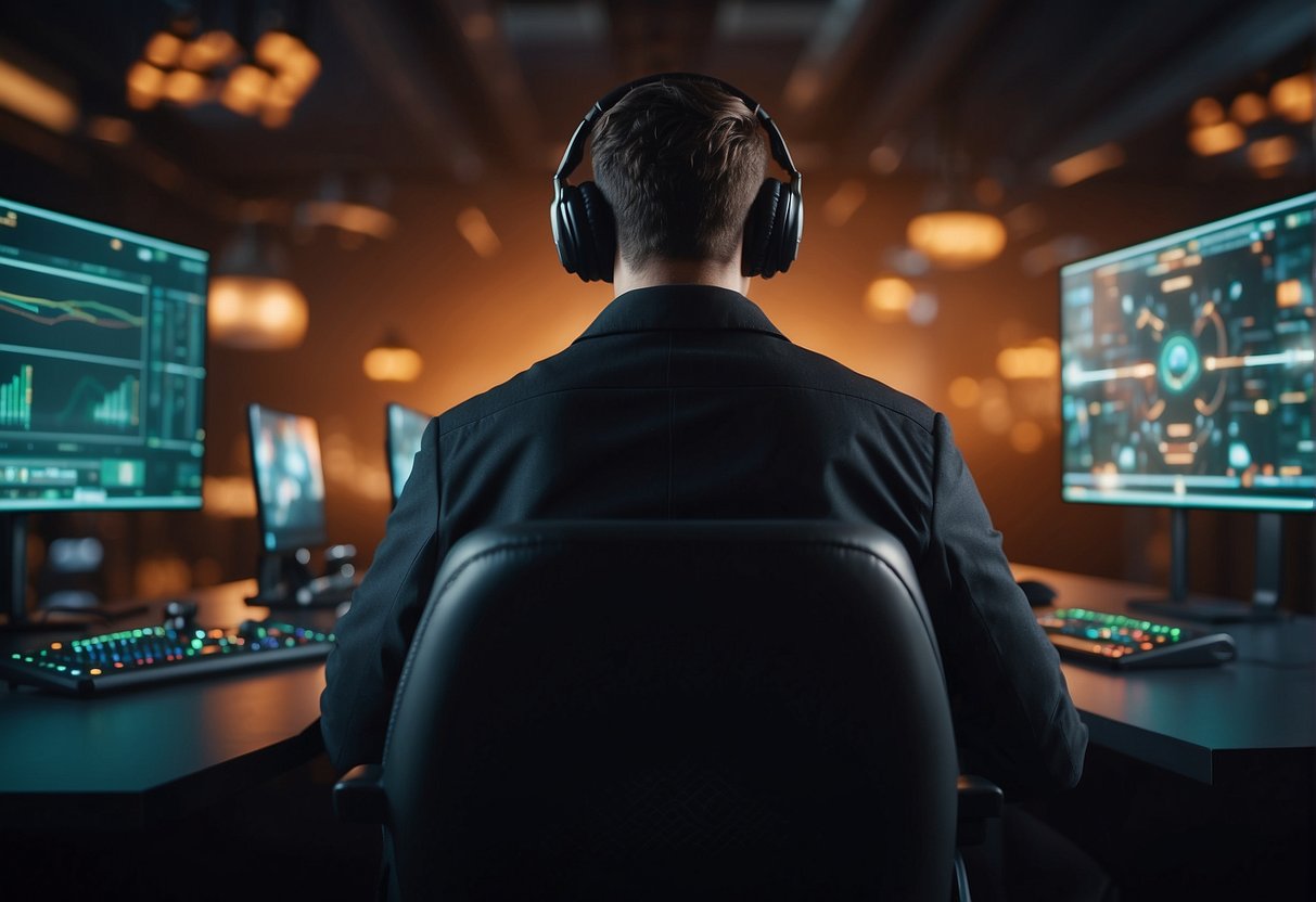 Participants competing in a crypto game on Solana, focused and determined, with screens displaying the virtual world and intense concentration