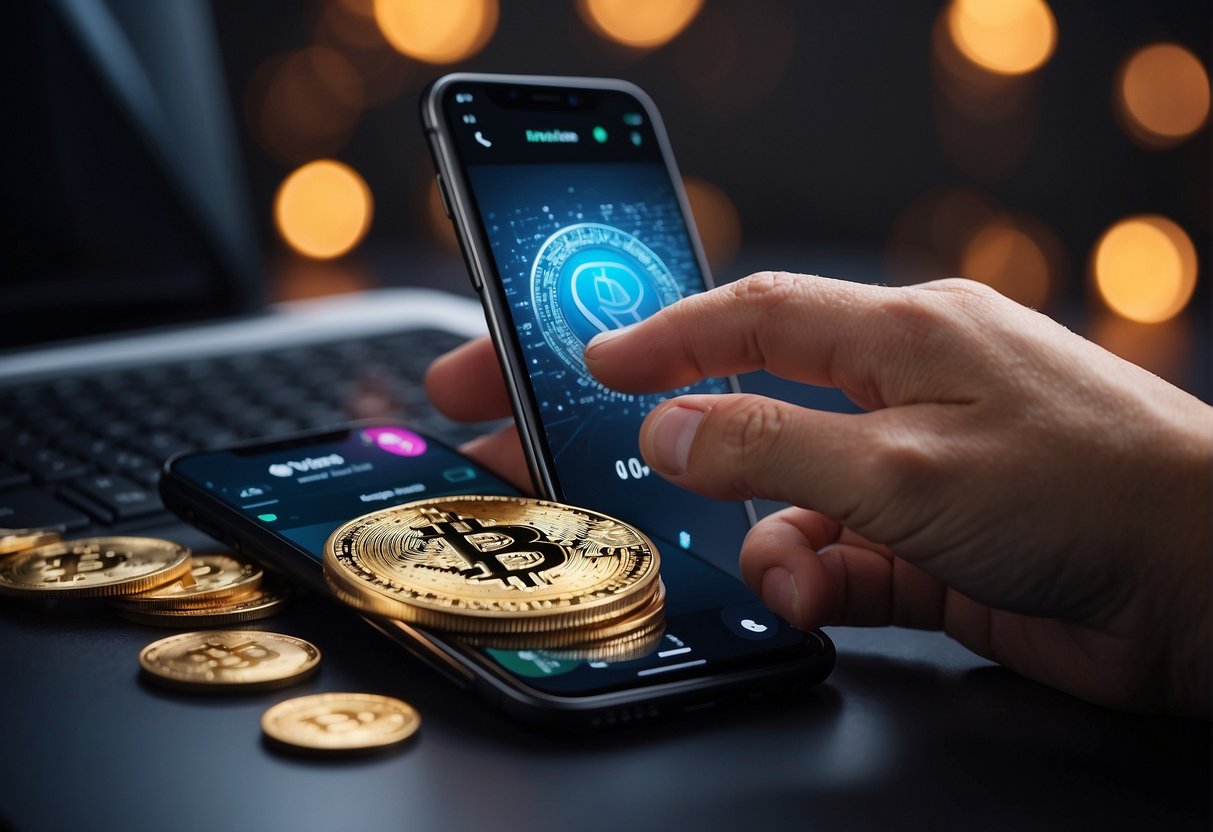 A hand pressing a button on a phone screen to deposit cryptocurrency for simple and user-friendly crypto gambling