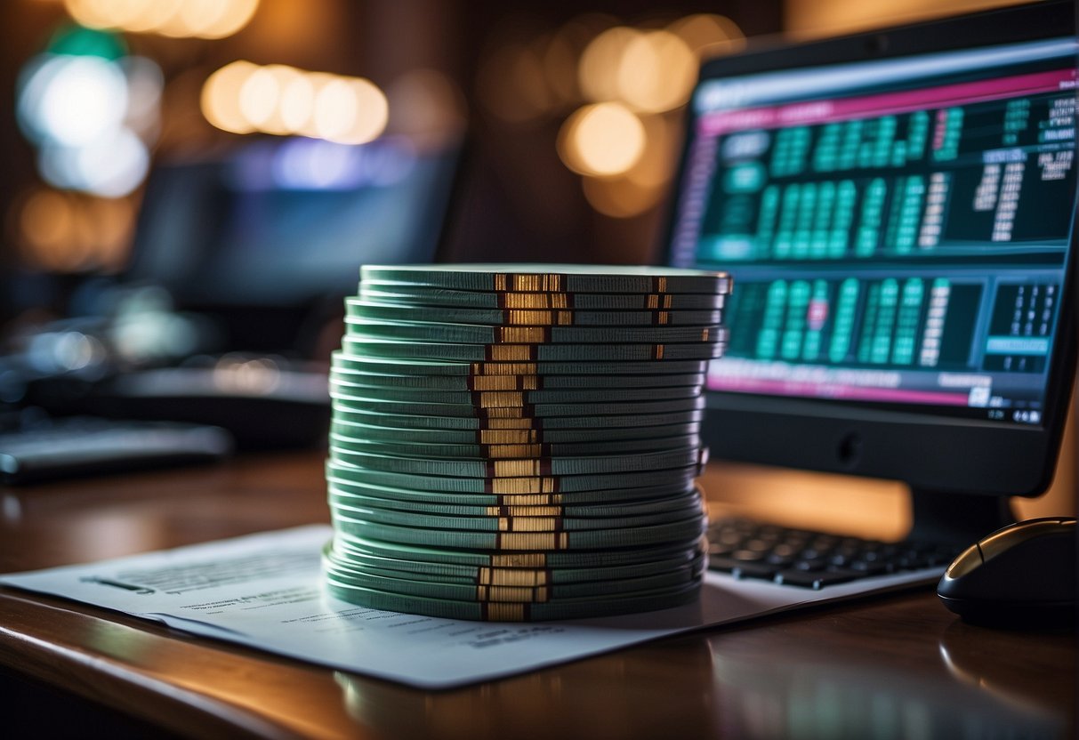 A stack of legal documents and a casino license displayed on a desk, surrounded by computer screens showing crypto transactions and regulatory guidelines