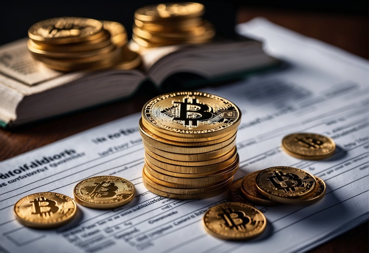 A stack of cryptocurrency chips surrounded by legal documents and regulatory guidelines