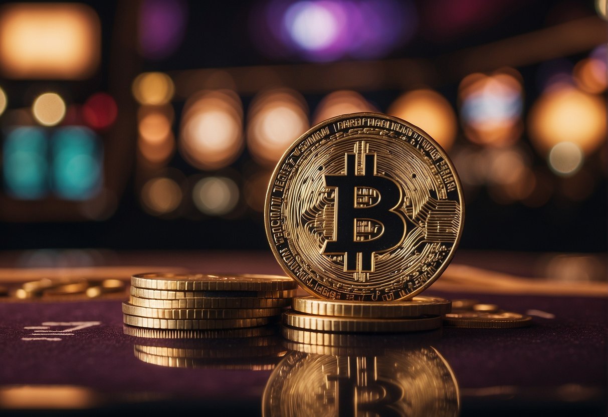 A traditional casino and a crypto casino side by side, with traditional gambling symbols on one side and cryptocurrency symbols on the other
