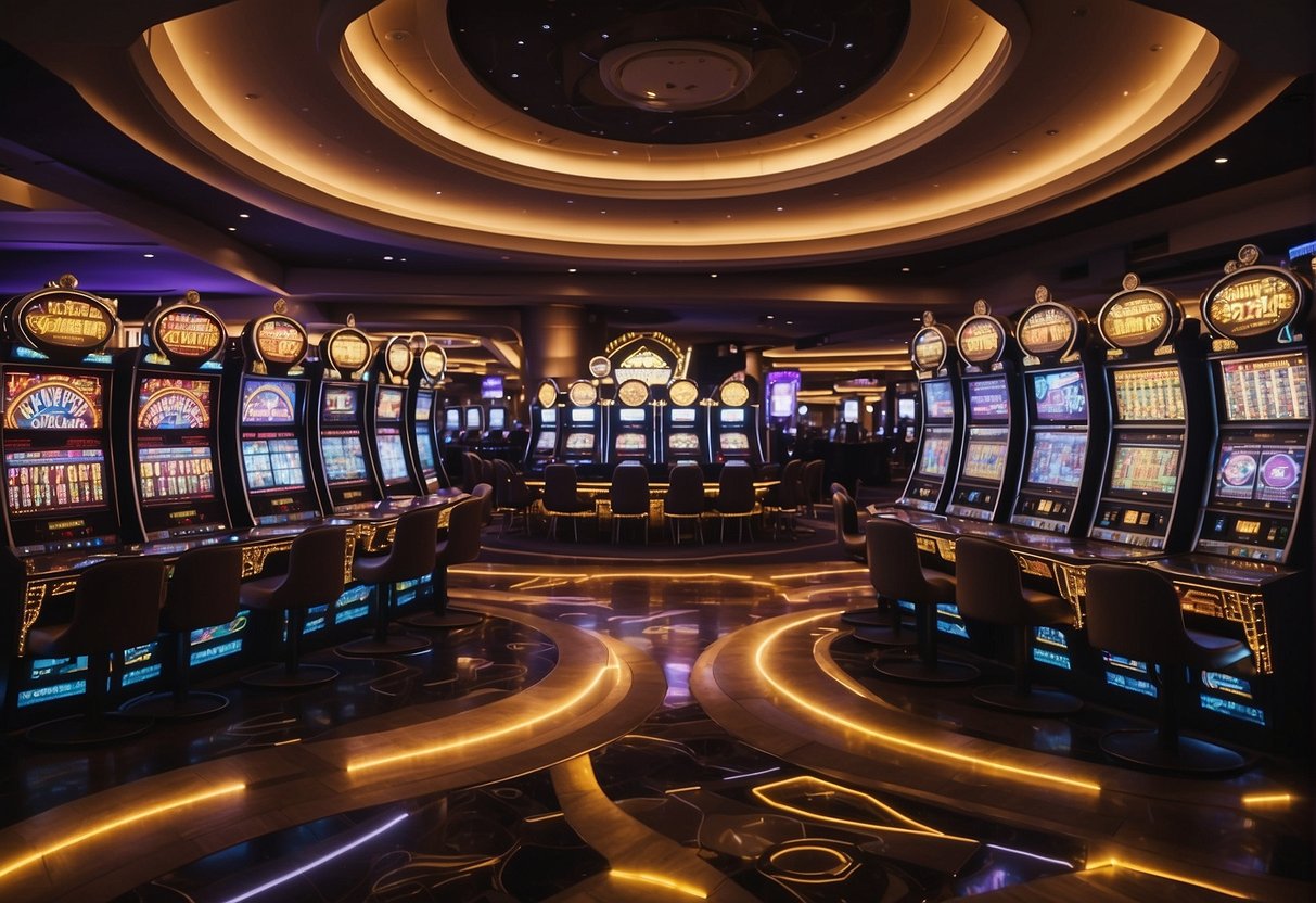 A vibrant casino floor with various crypto games: slots, poker, roulette, and blackjack tables. Digital screens display live crypto prices