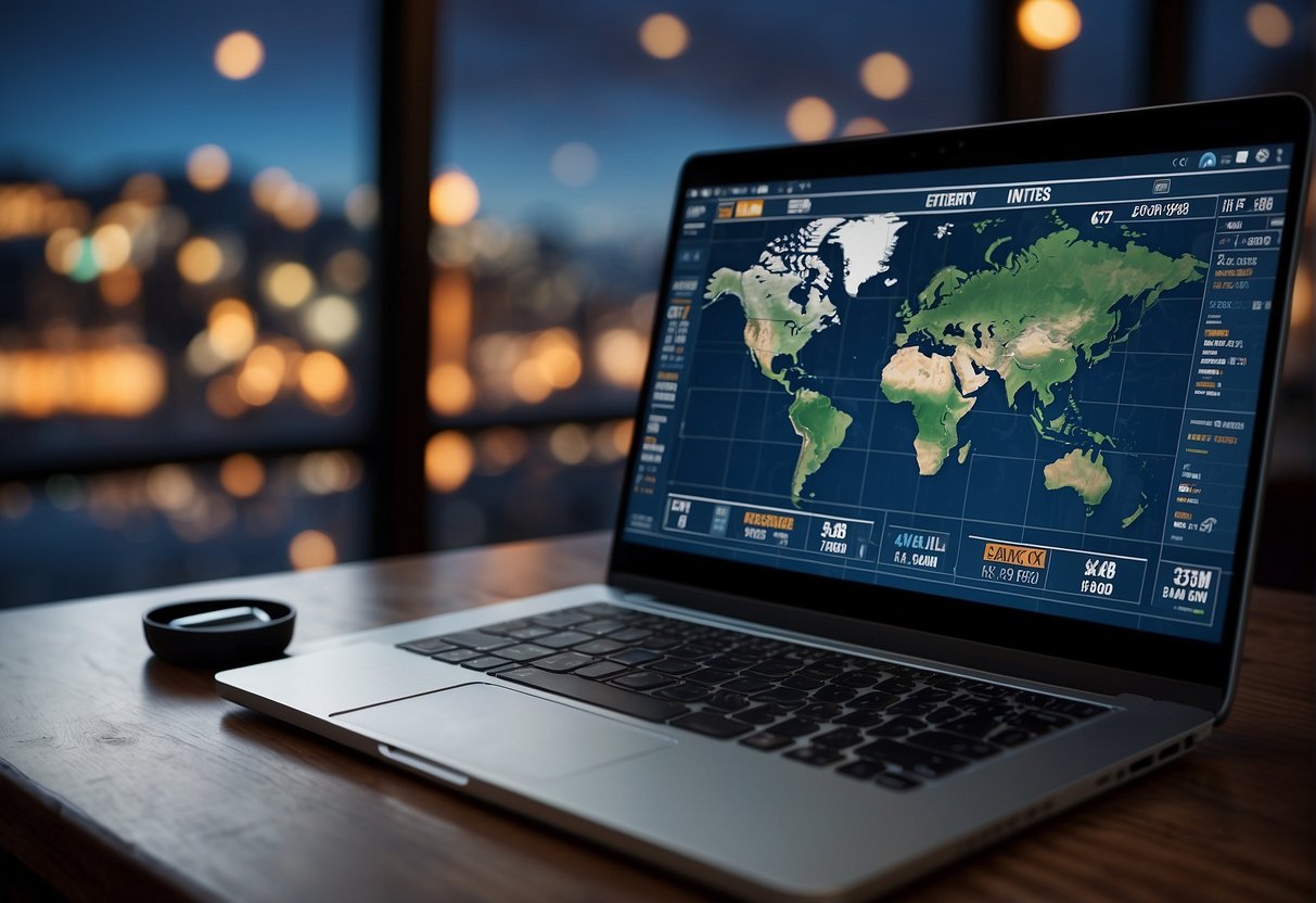 A laptop displaying a betting site, with a world map in the background and a VPN icon connecting to a server in a different region