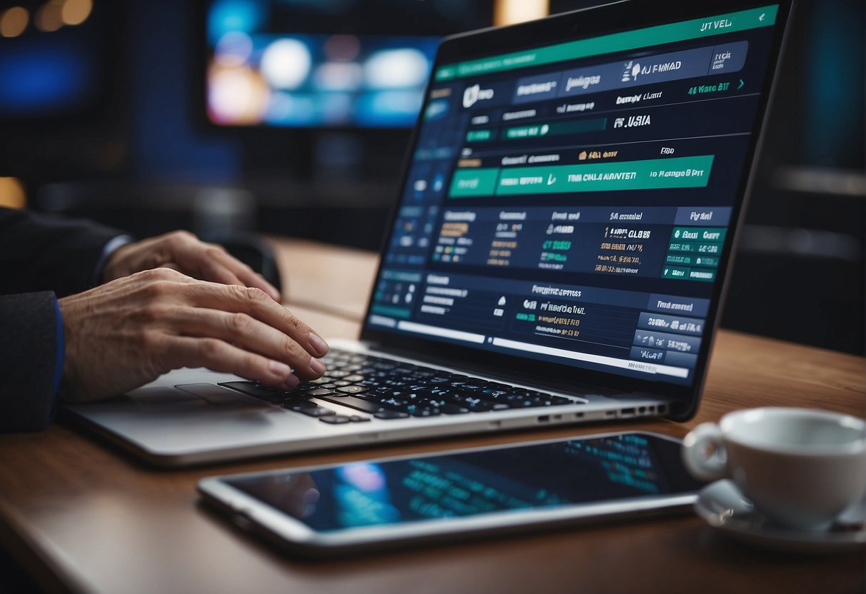 A person using a VPN while engaging in online betting, with legal documents and regulations in the background