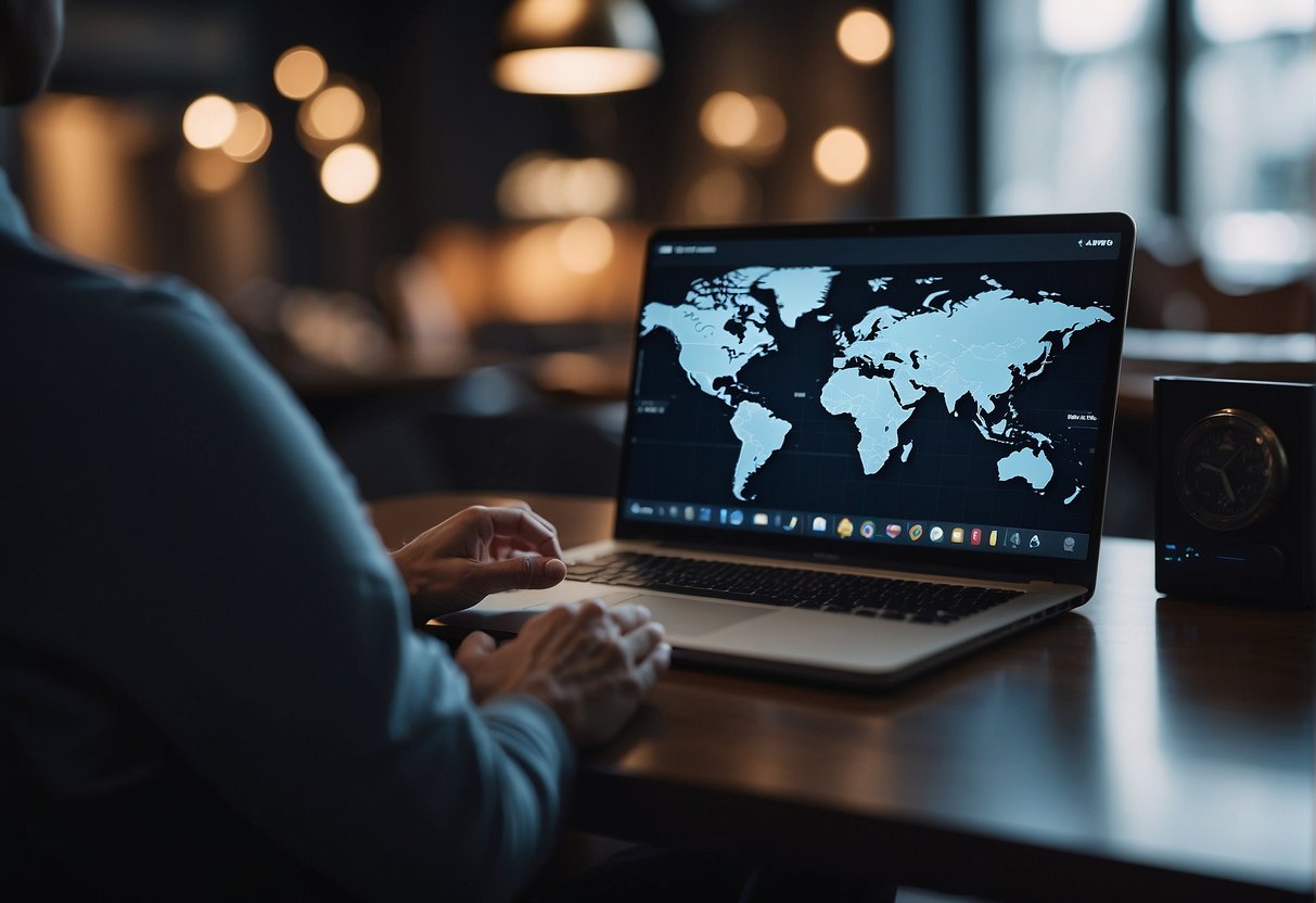 A person using a VPN to access a betting website from a restricted location, with a globe and a shield symbolizing protection