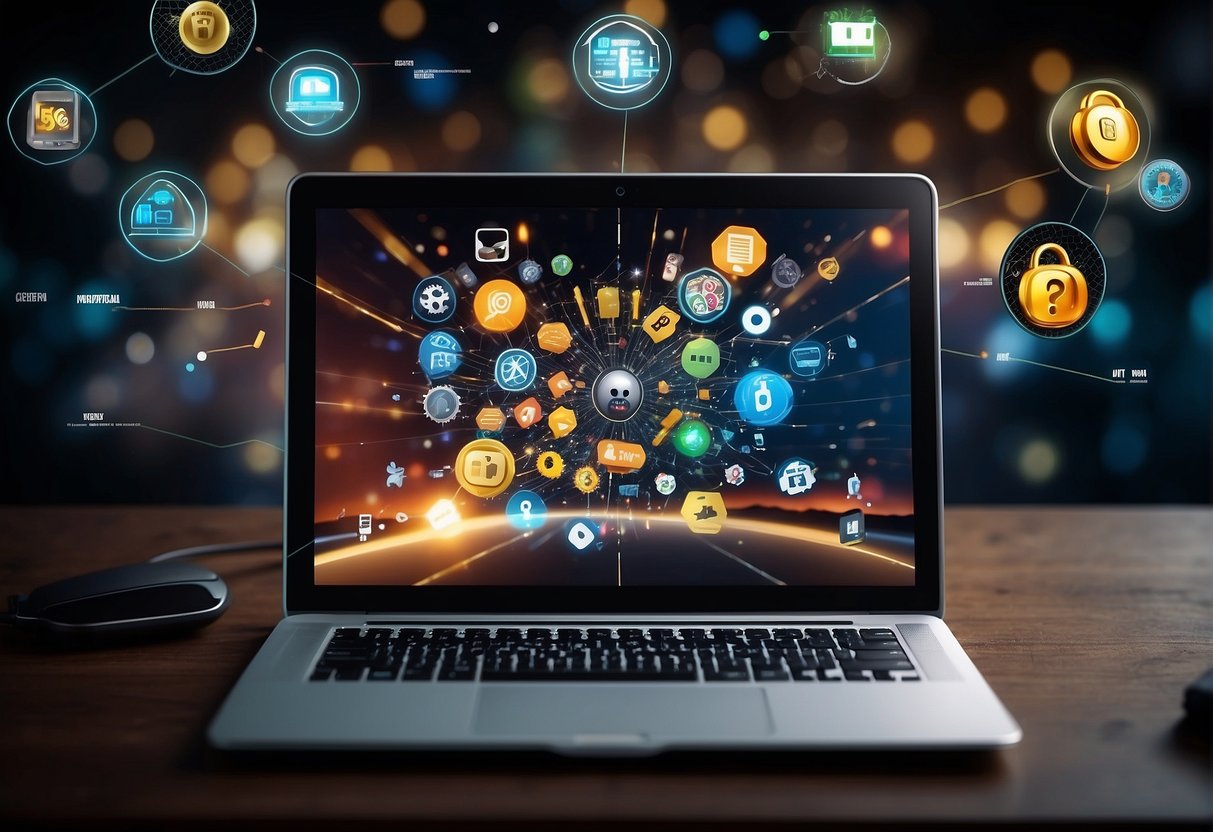 A laptop with a VPN connected to an online gambling site, surrounded by security icons and lock symbols, ensuring secure betting transactions