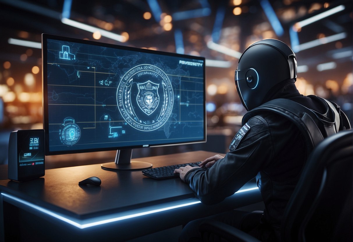 A figure sits at a computer, surrounded by a shield of digital security. A VPN logo is prominently displayed, symbolizing privacy and anonymity in online betting