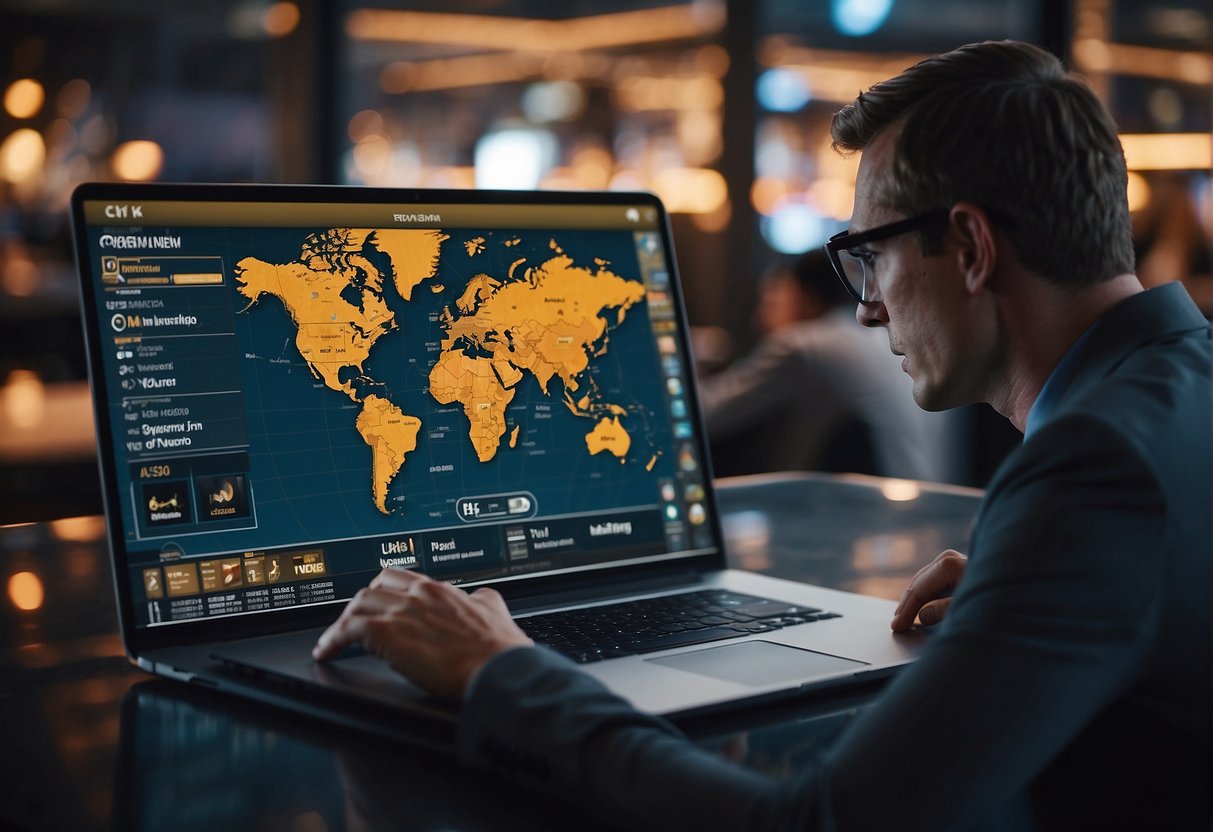 A person using a VPN to access a betting site from a restricted location, with a map and virtual shield symbolizing enhanced privacy