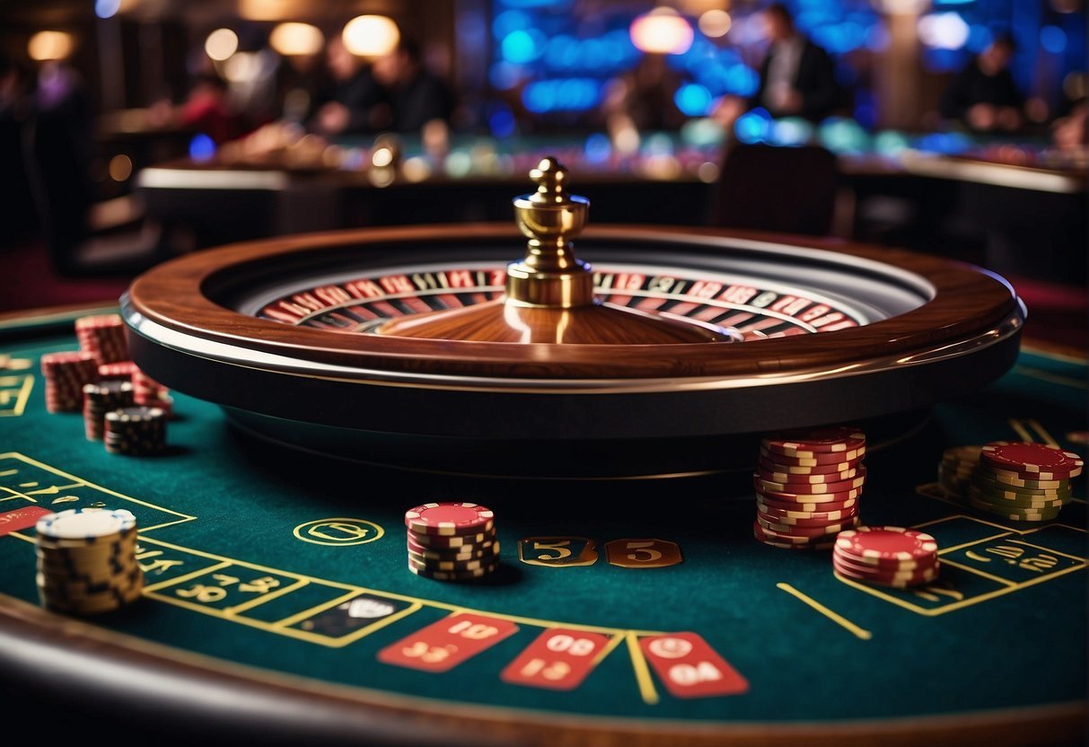 A casino table with a digital display showing "Provably Fair Games" surrounded by players and dealers