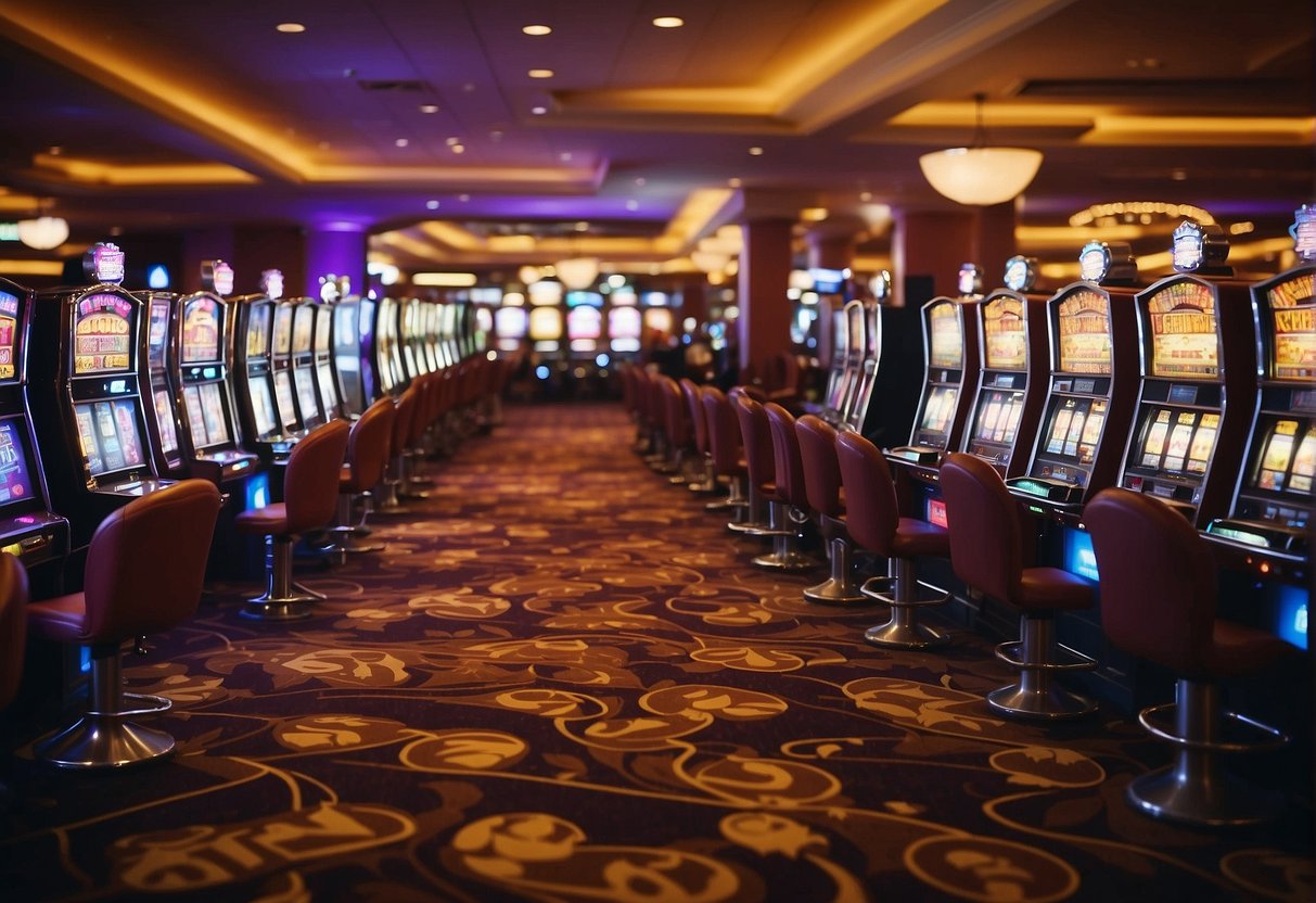 Brightly lit casino floor with rows of colorful slot machines and bustling card tables. Excitement fills the air as players try their luck at various games