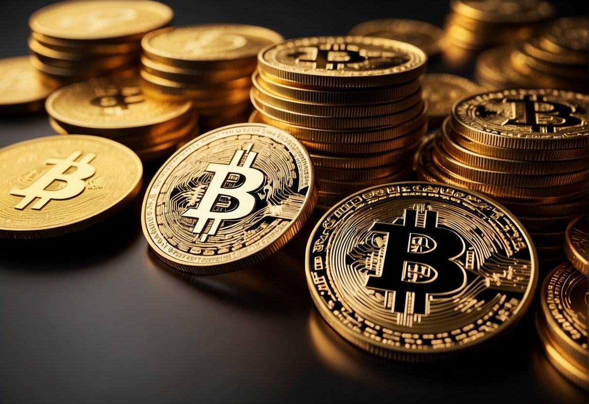 A pile of gold coins and digital currency symbols sit atop a glowing jackpot sign