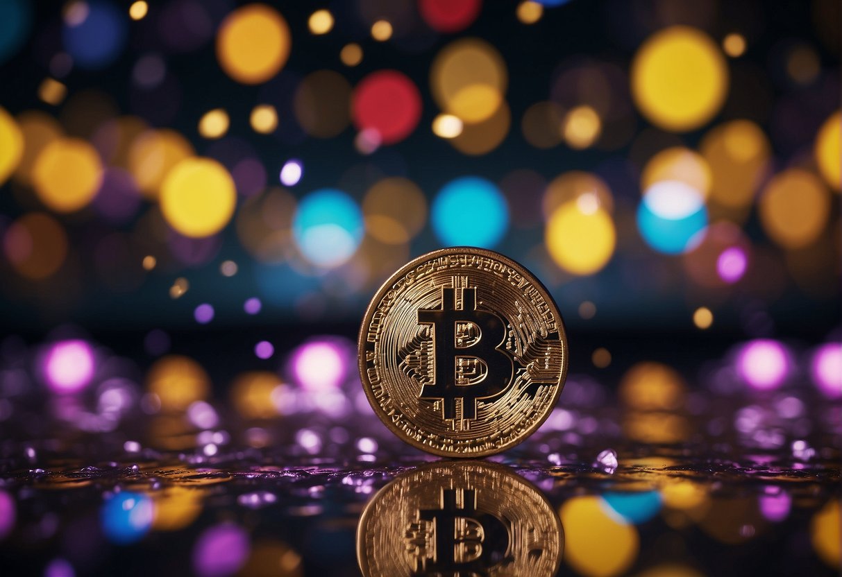 Colorful digital currency symbols raining down on a jackpot sign surrounded by flashing lights and confetti