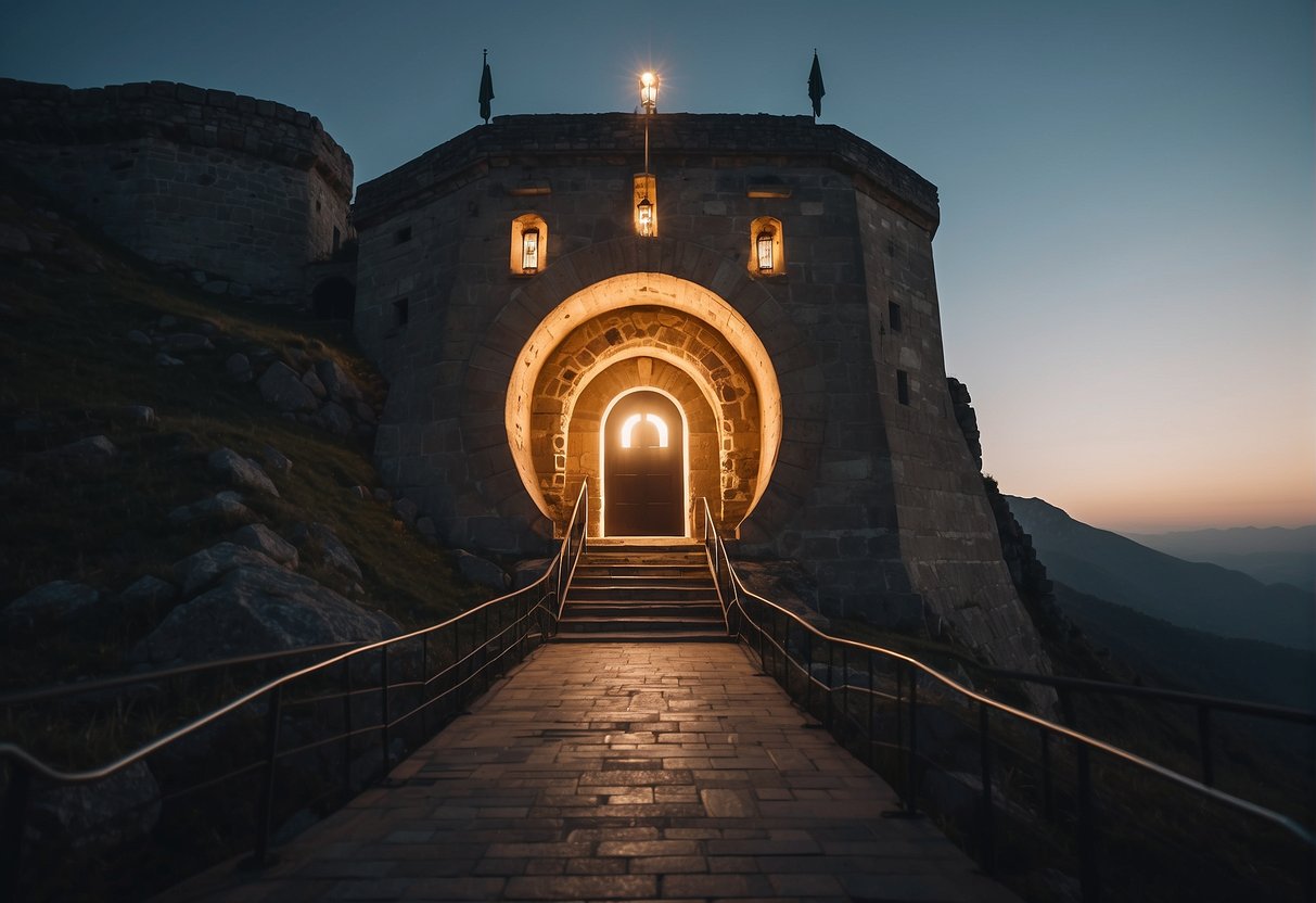 A fortress-like building with a glowing shield around it, guarded by digital locks and security cameras
