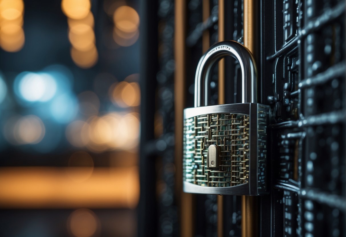A padlock symbolizing blockchain security, surrounded by digital code and shielded by a protective barrier