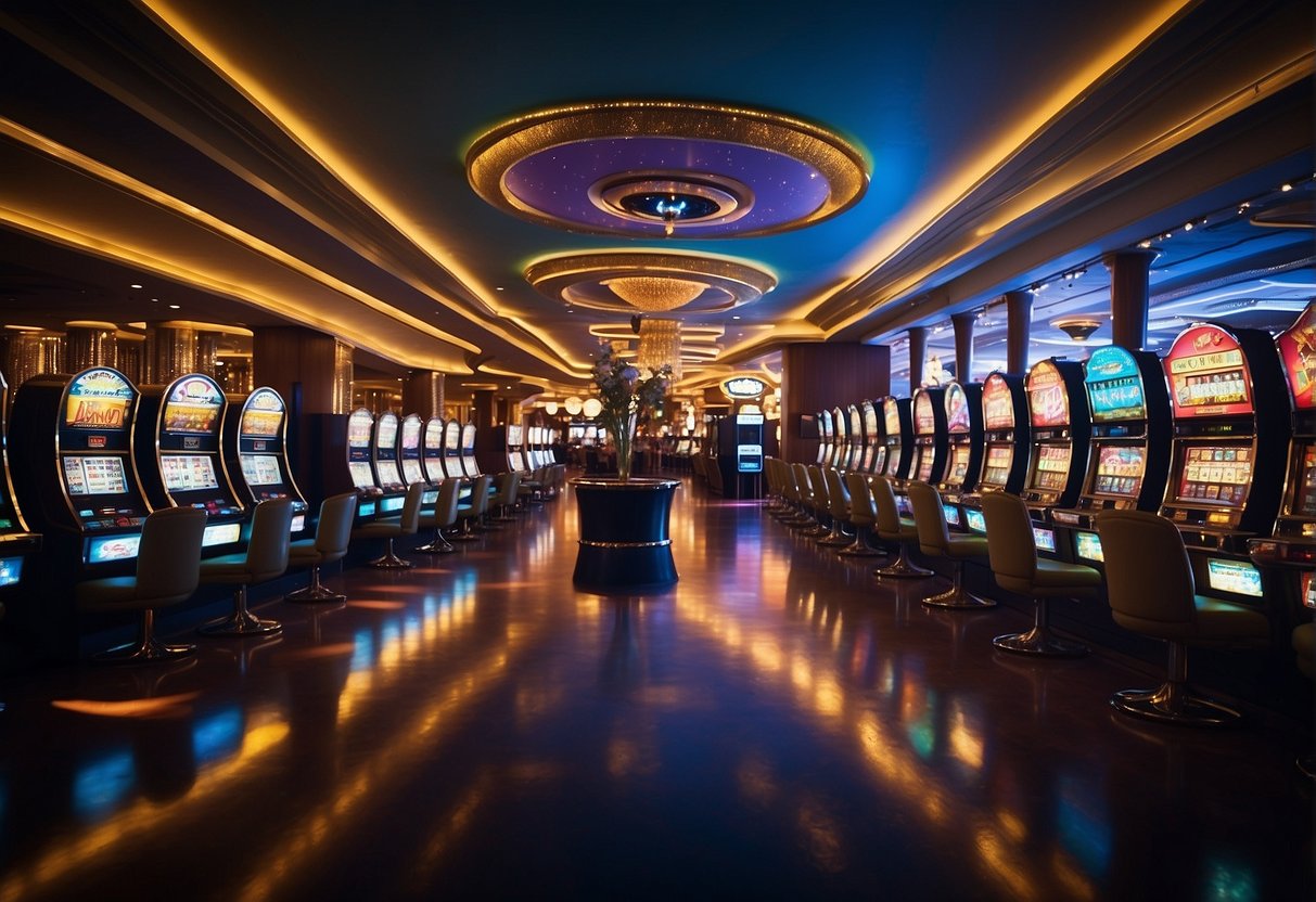 A casino with bright lights and colorful slot machines, surrounded by excited players and a buzzing atmosphere. A sign prominently displays "Best Payouts" in bold letters