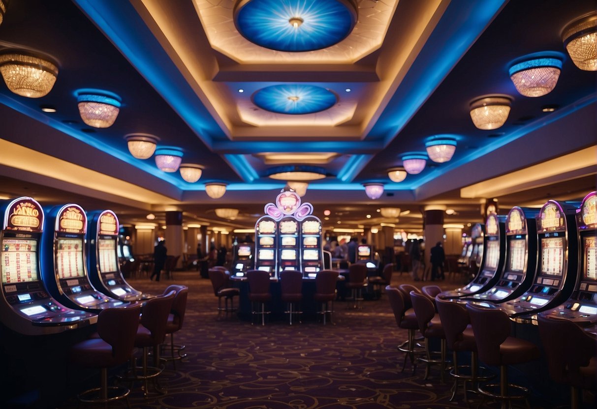 Brightly lit casino floor with rows of slot machines and poker tables. Excited players and cheers fill the air. Large signs advertise high payout games