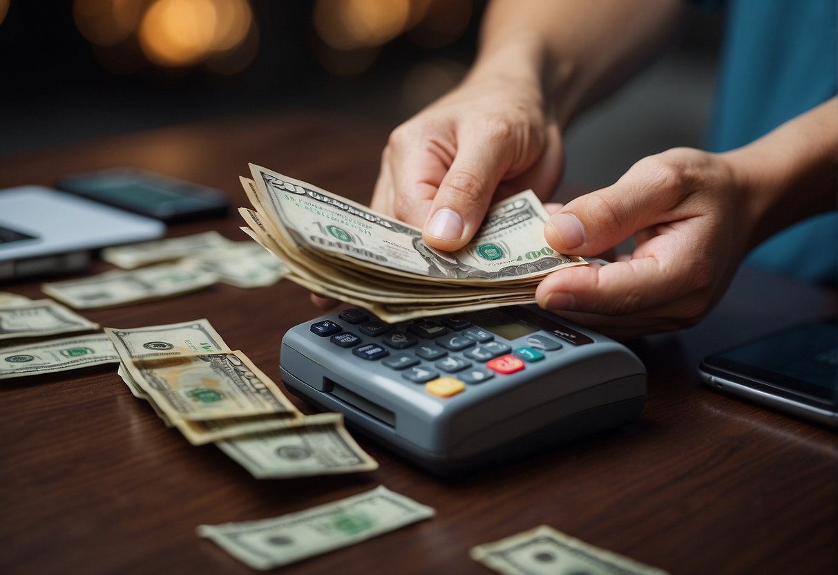 A hand reaches for a credit card next to a pile of cash and a mobile phone, symbolizing various payment methods for fast withdrawals