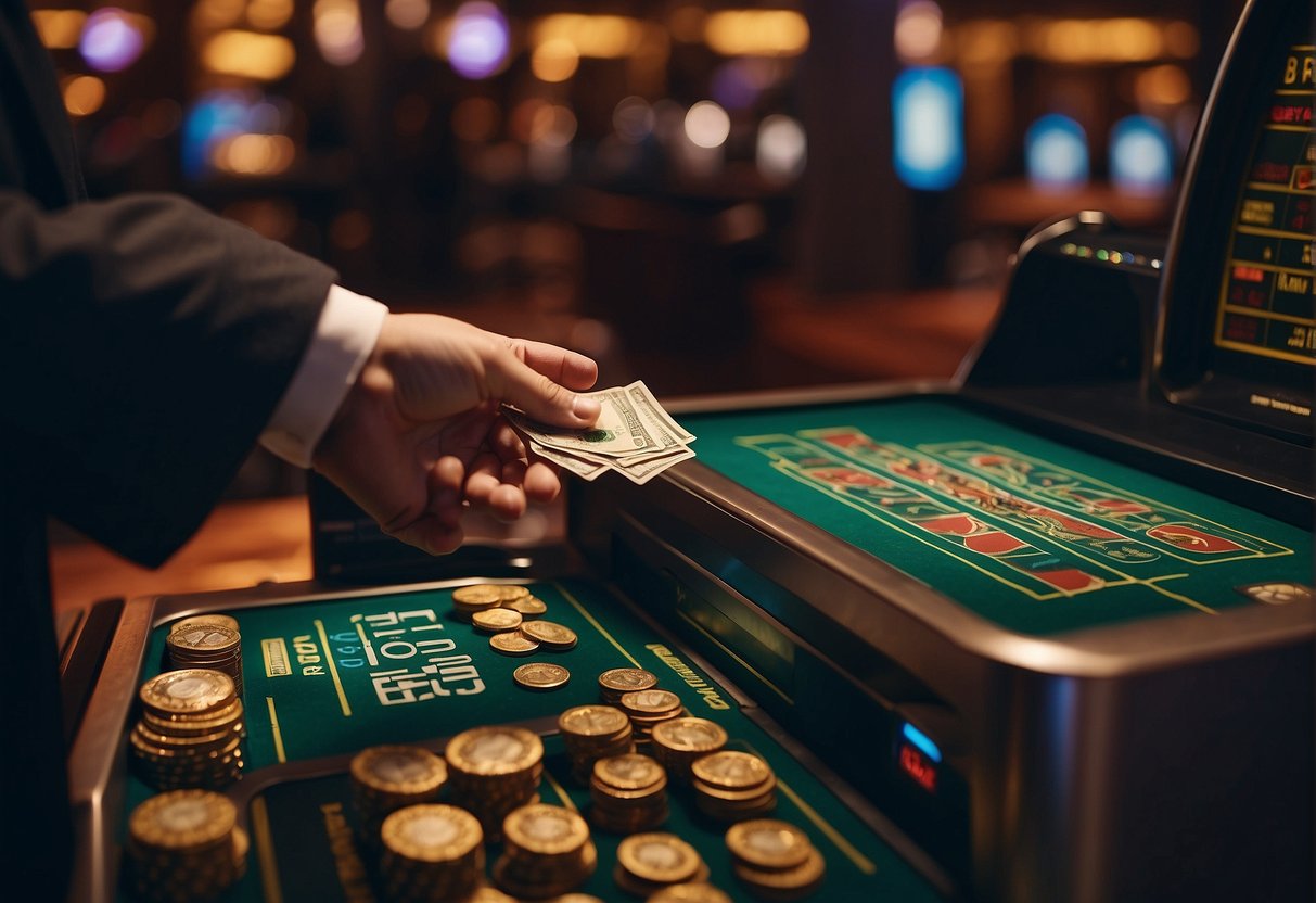 A casino cashier swiftly processes a withdrawal, money flying out of the machine into a player's account