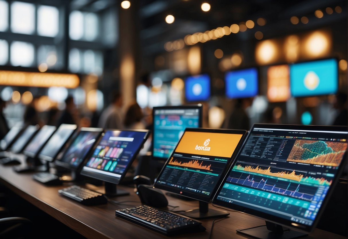 A bustling digital marketplace with colorful logos and banners advertising top crypto exchanges and bonuses