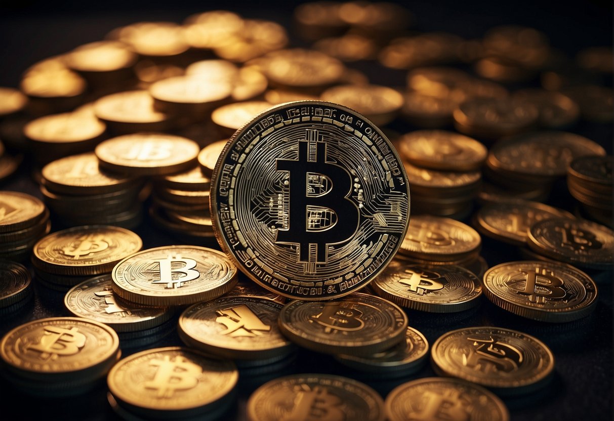 A pile of cryptocurrency tokens surrounded by stacks of money, with a glowing "staking bonuses" sign in the background