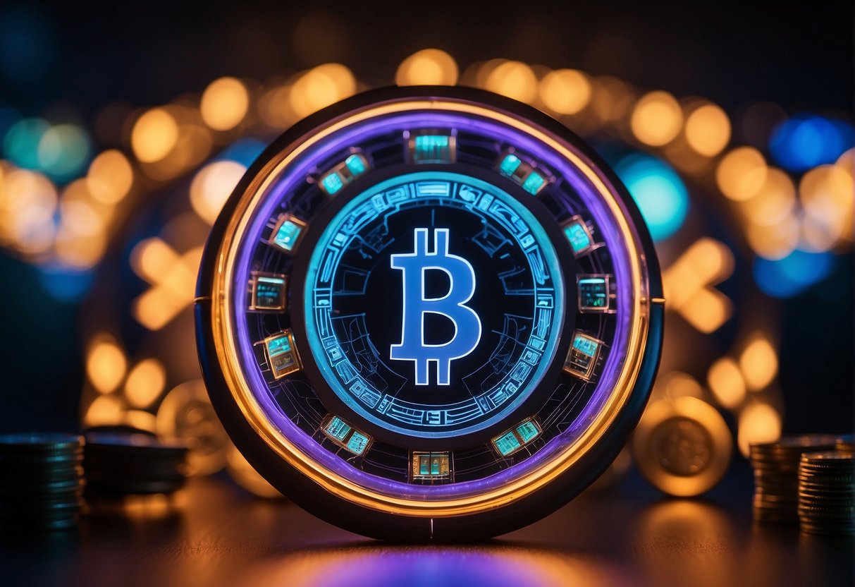 A glowing neon sign of a reputable crypto casino, surrounded by digital currency symbols and a secure lock icon