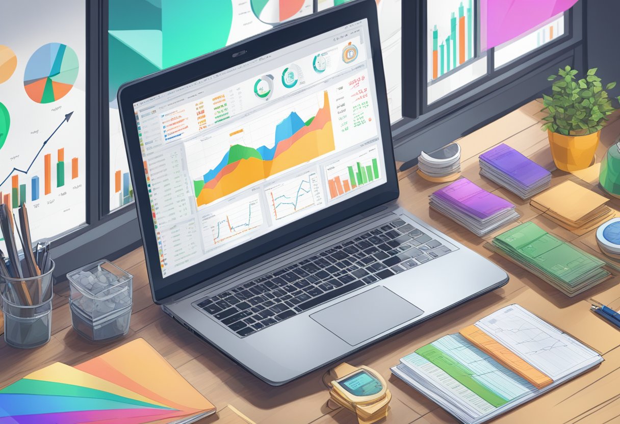 A table with a laptop open, showing various low market cap cryptocurrencies on the screen, surrounded by research notes and charts