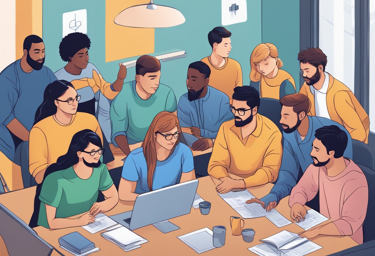 A diverse group of people gather around a table, discussing and strategizing about low market cap cryptocurrencies. Developers are actively engaged, while the community members offer their insights and support