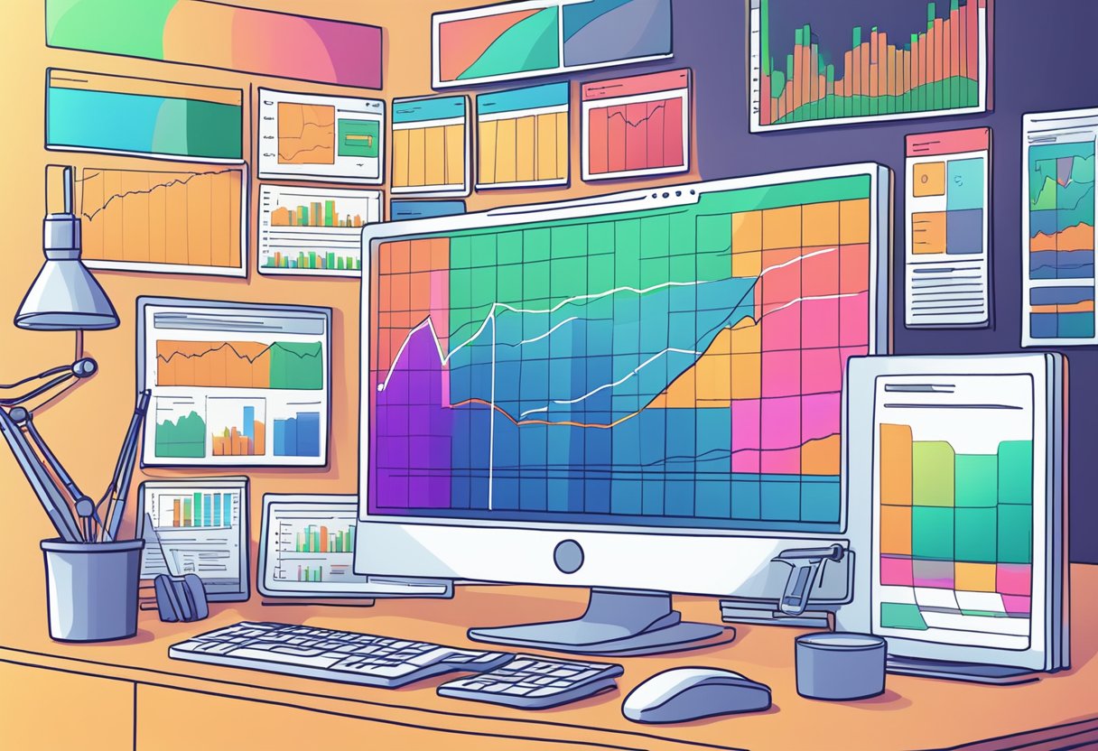 A computer screen displaying various cryptocurrency charts and technical analysis tools