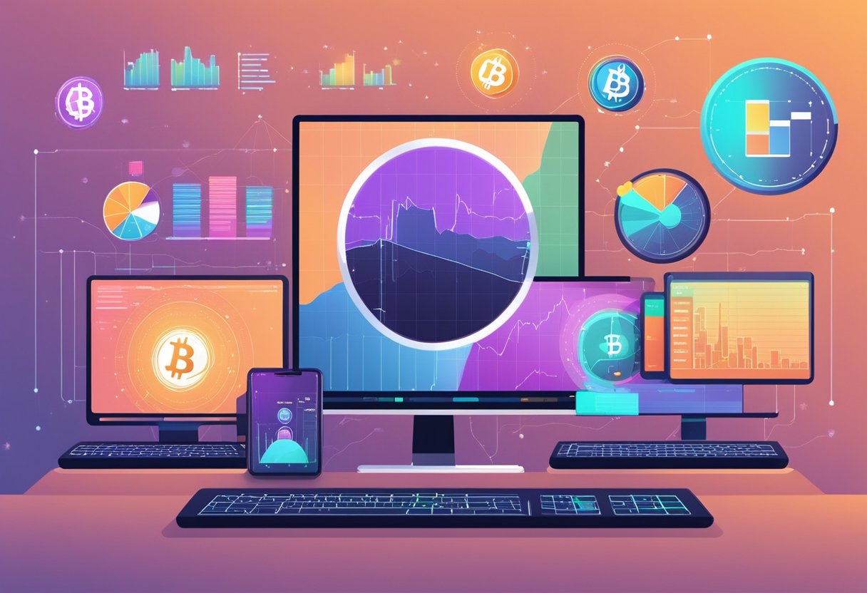 Various crypto trading bots on a computer screen, charts and graphs, and trading indicators. Bright colors and modern interface