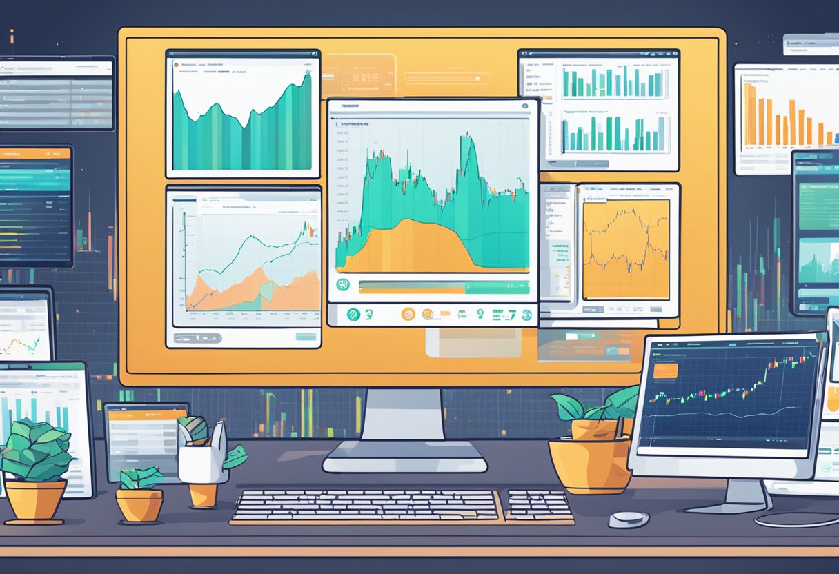 A computer screen displaying various cryptocurrency trading bots in action, with charts and graphs showing successful trades and profit margins