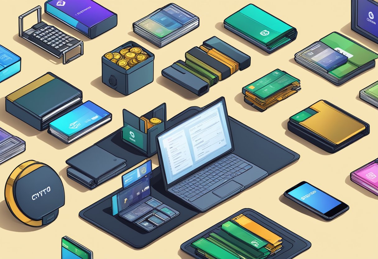 A table with various types of crypto wallets, including hardware, software, and paper wallets, displayed in a secure and organized manner