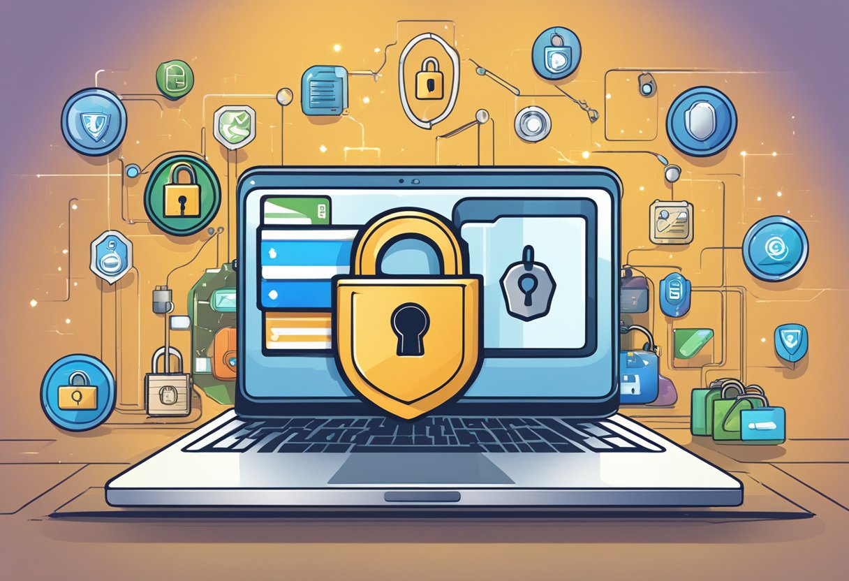 A digital wallet with a padlock symbol, surrounded by a shield and lock icons. Background includes a computer, a safe, and a key