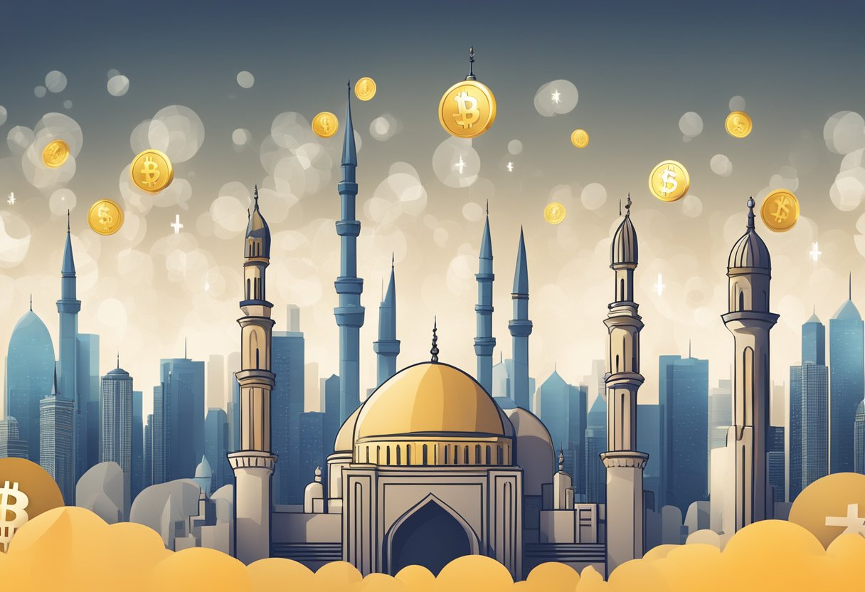 A mosque silhouette against a modern city skyline with digital currency symbols floating above, representing the integration of cryptocurrencies in Islamic finance