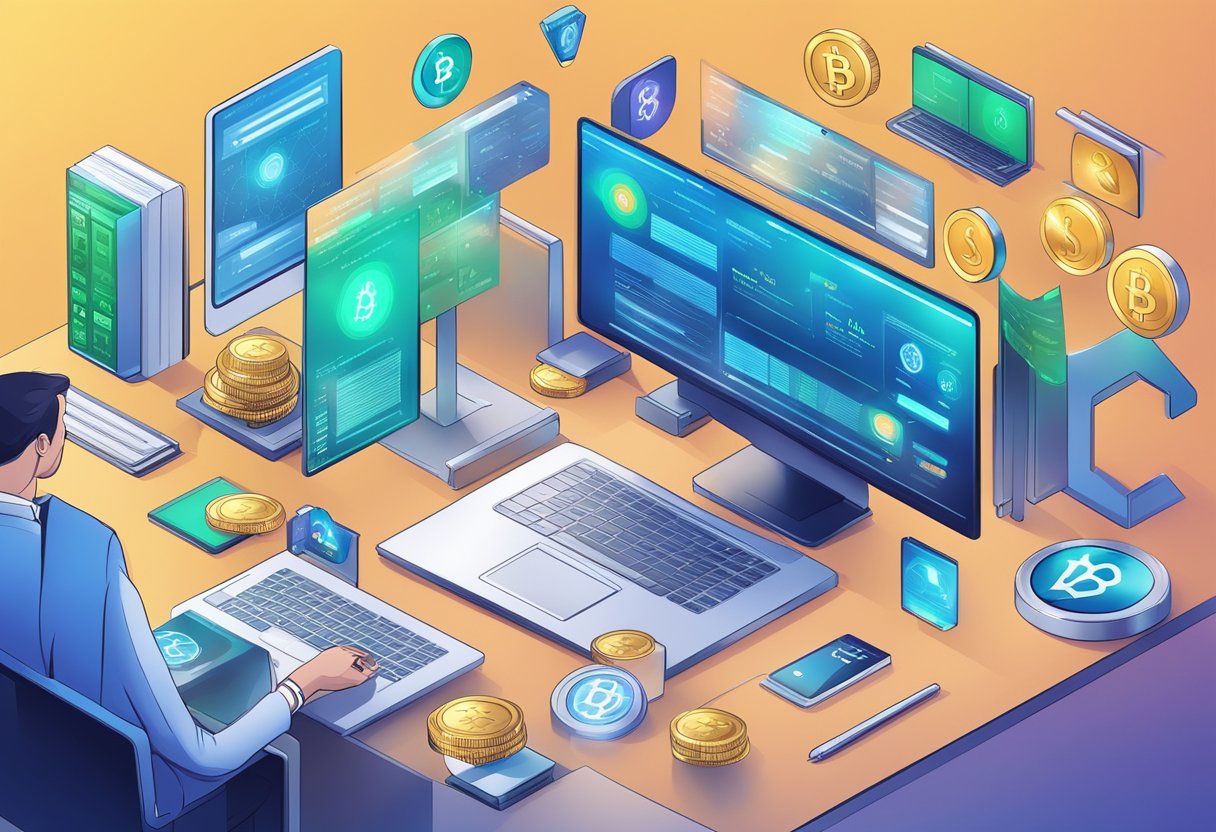 A diverse array of investment vehicles and digital assets, including cryptocurrencies and halal-compliant financial products, displayed in a modern, sleek setting