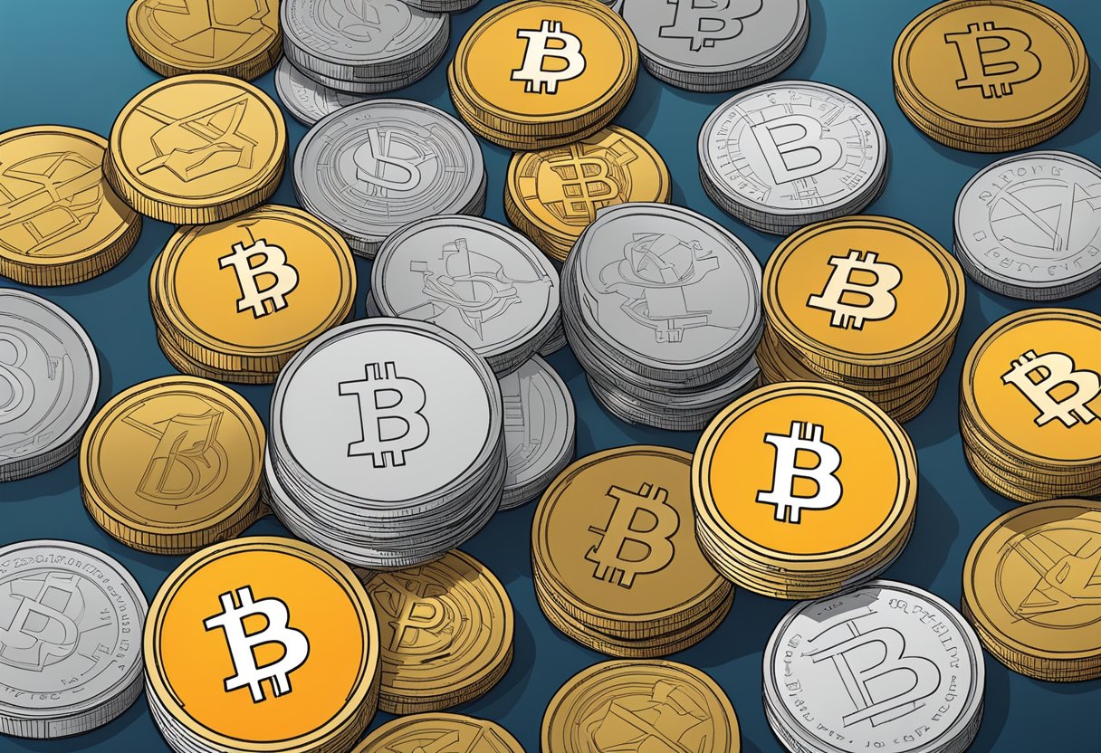 A stack of various cryptocurrency coins and tokens arranged in a visually appealing and organized manner, with a chart or graph in the background indicating their performance
