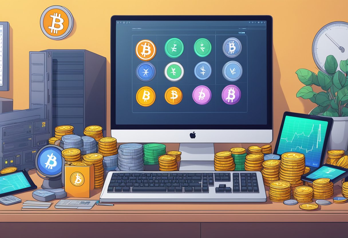 A computer with a variety of cryptocurrency logos and charts displayed on the screen, surrounded by stacks of coins and a calculator