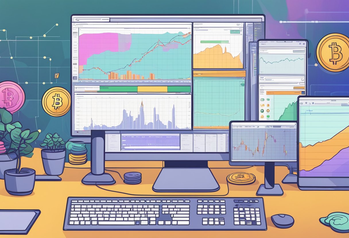 A computer screen displaying various cryptocurrency charts and trading platforms, with a person's hand reaching for a mouse to initiate a trade