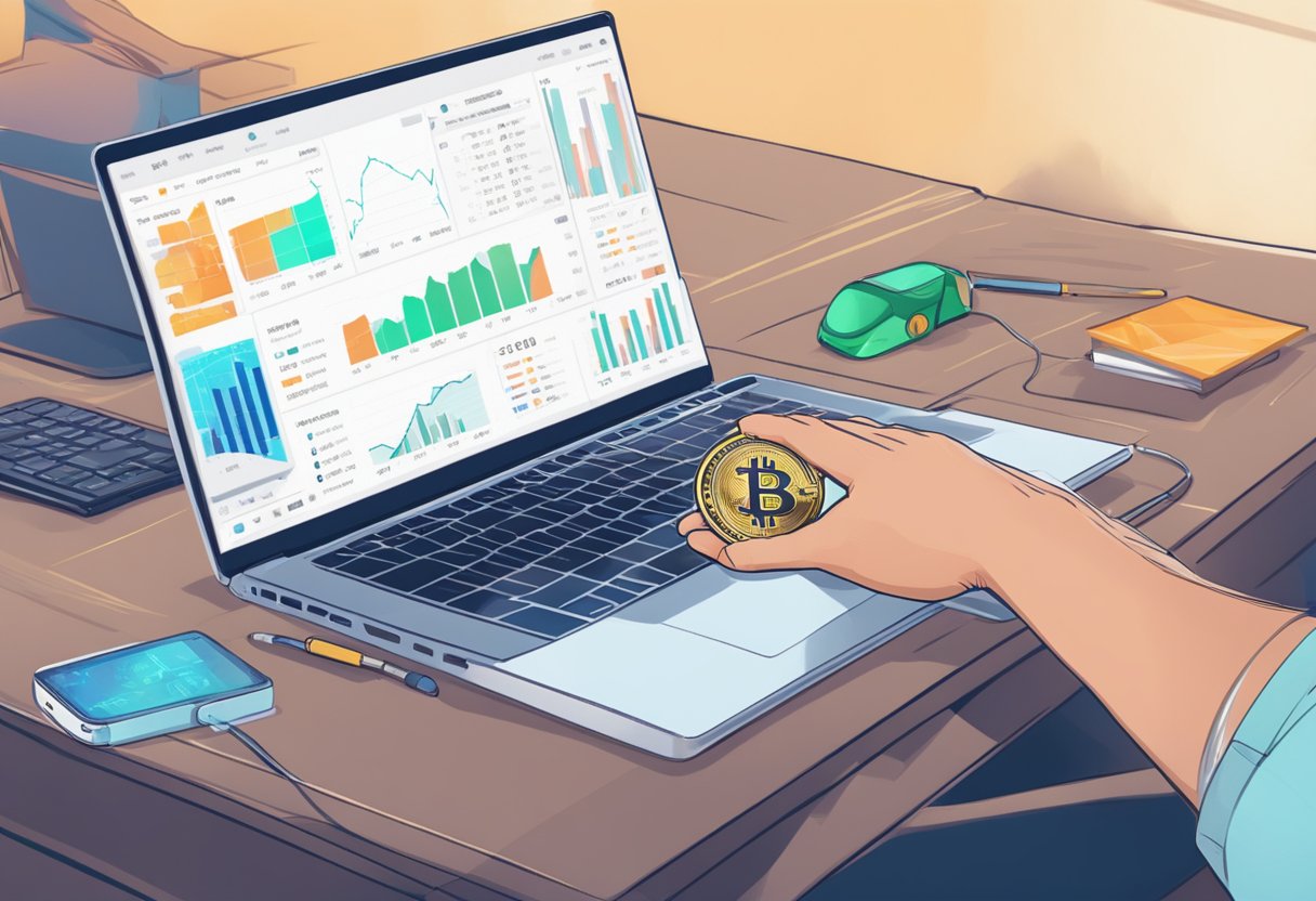 A laptop open on a desk, with a chart showing cryptocurrency prices. A person's hand reaches for a mouse, ready to start trading