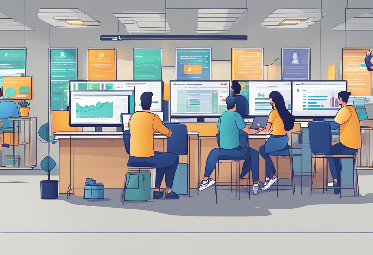 A bustling crypto exchange with people signing up and getting started. Screens display reputable exchange logos