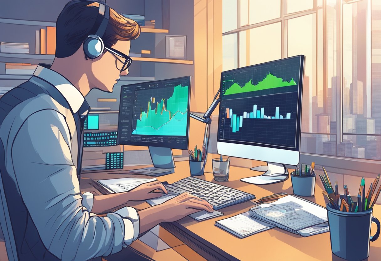 A desk with a computer, charts, and financial analysis tools. A person studying and analyzing cryptocurrency data