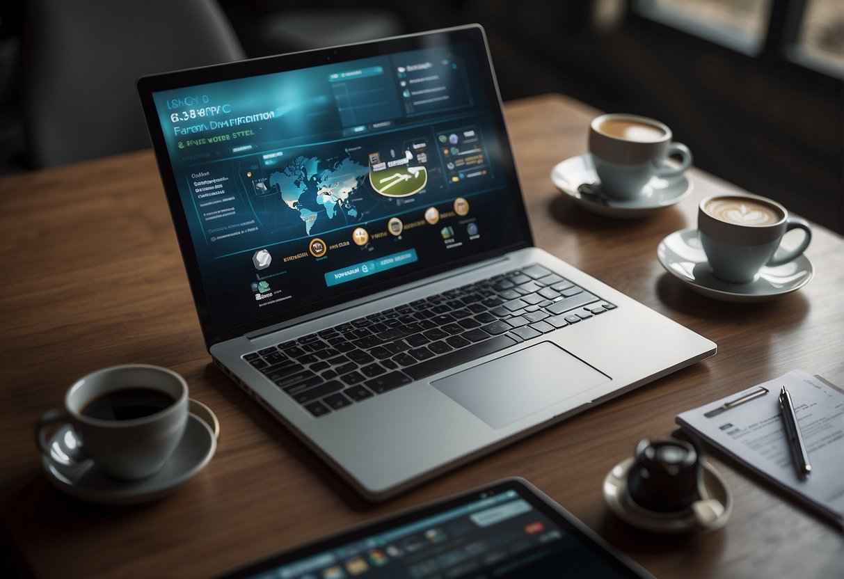 A laptop with a VPN service website displayed on the screen, surrounded by various electronic devices and a cup of coffee on a desk
