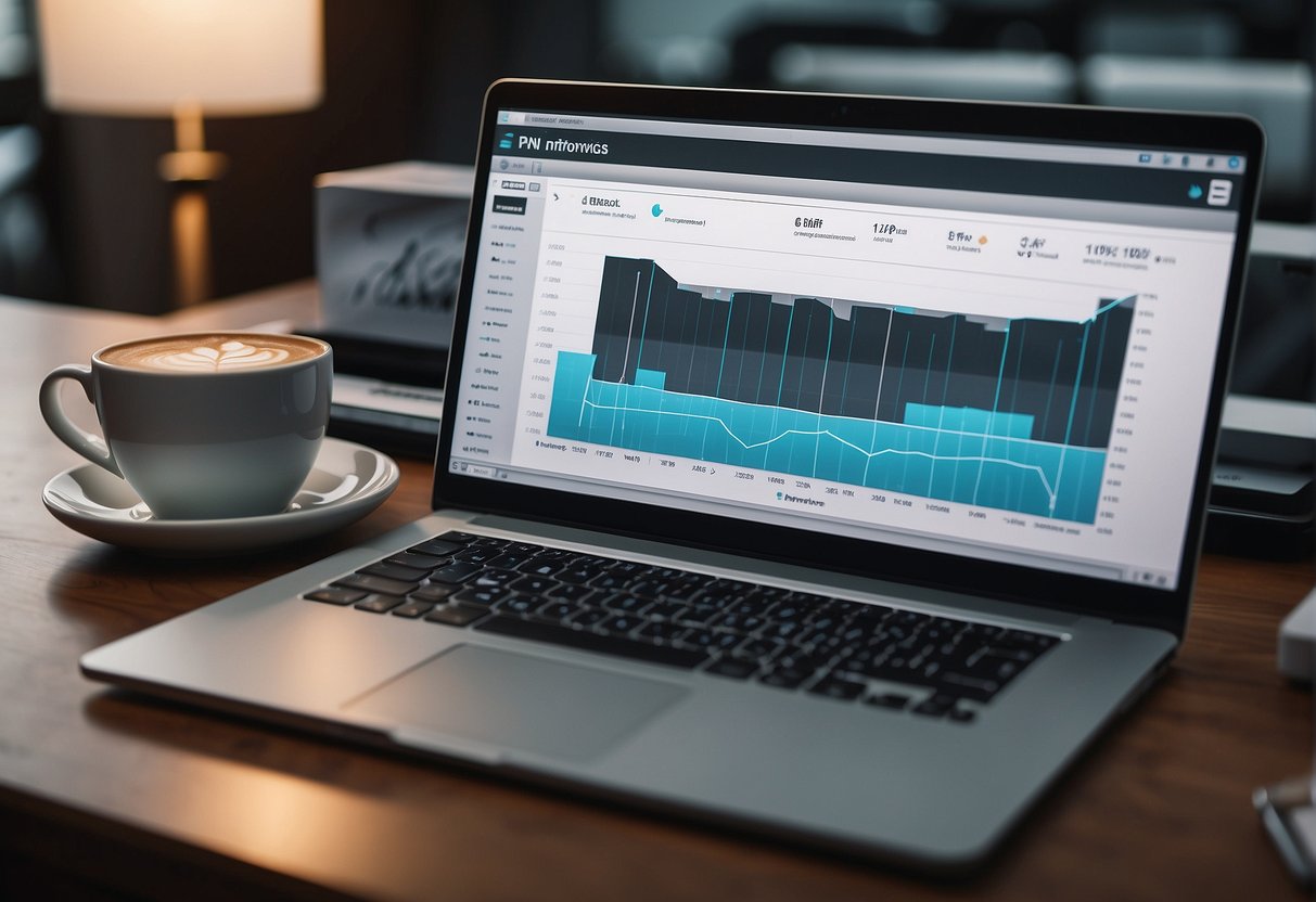 A laptop displaying VPN performance metrics on a desk, surrounded by charts and graphs