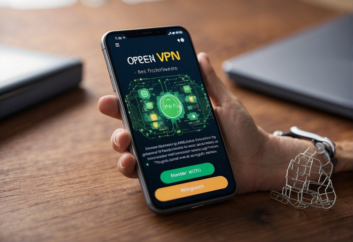 An Android phone with VPN app open, surrounded by fintech articles and a "best VPN free for Android" headline